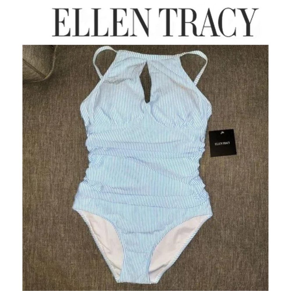 🆕️Ellen Tracy Women's High Neck Key Hole One Piece pinstriped swimsuit size 8